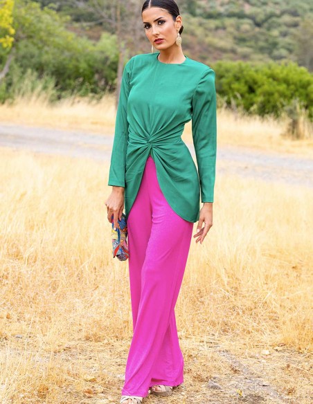 Party outfit with knotted top and bell bottom pants green