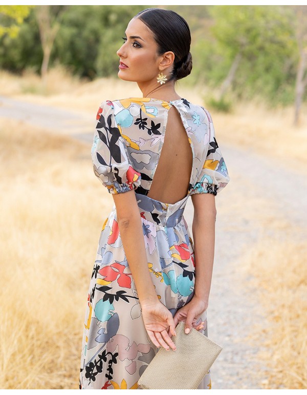 Midi party dress with floral print and open back 2