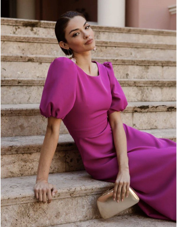 Robe de soirée midi à manches courtes bouffantes et dos...