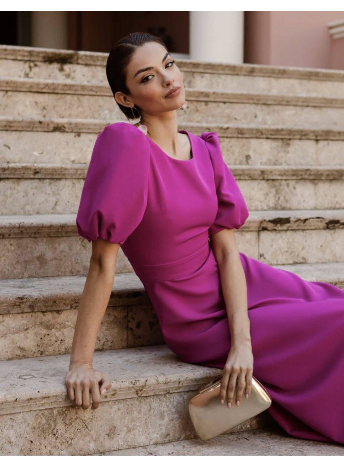 Vestido midi de fiesta con manga corta abullonada y espalda de botones