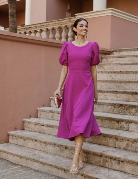 Midi party dress with short puffed sleeves and button back