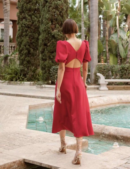 Midi party dress with short puffed sleeves and button back