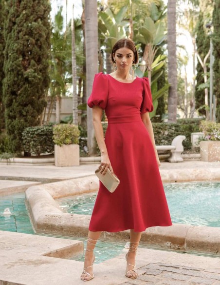Midi party dress with short puffed sleeves and button back