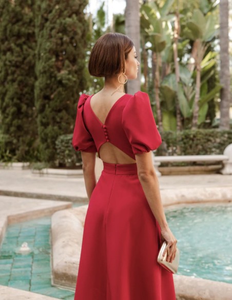 Vestido midi de fiesta con manga corta abullonada y espalda de botones