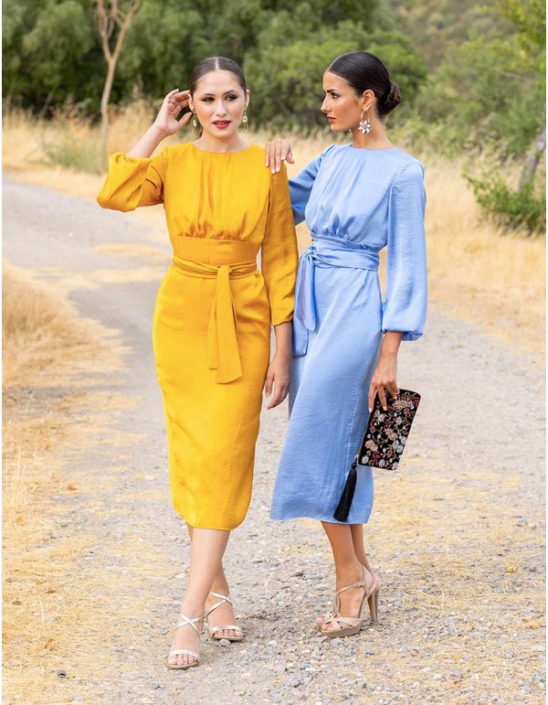 Midi party dress with shoulder strap and bow at the waist 2