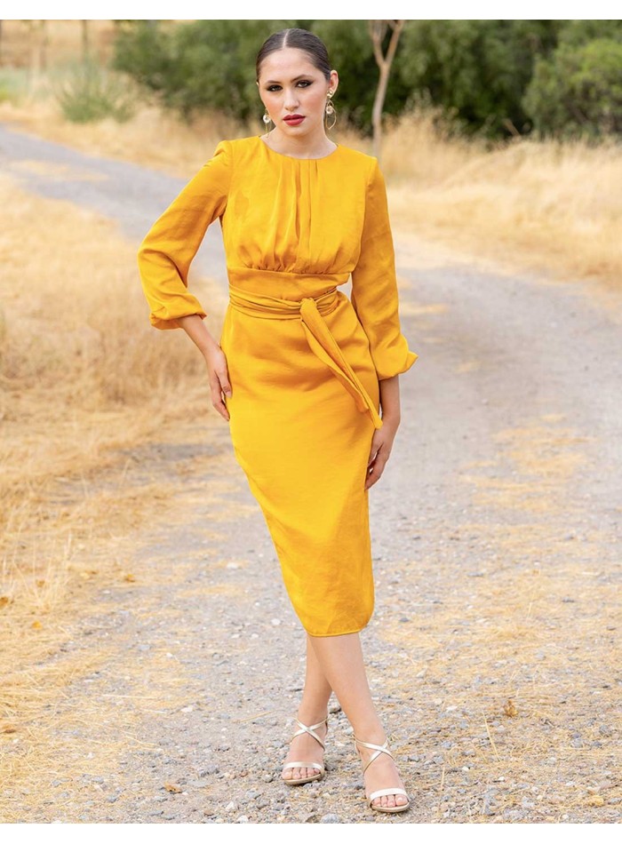 Midi party dress with shoulder strap and bow at the waist