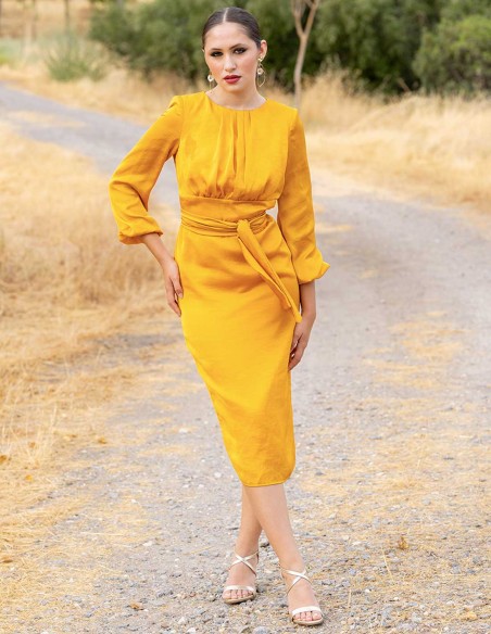 Vestido midi de fiesta con hombrera y lazada