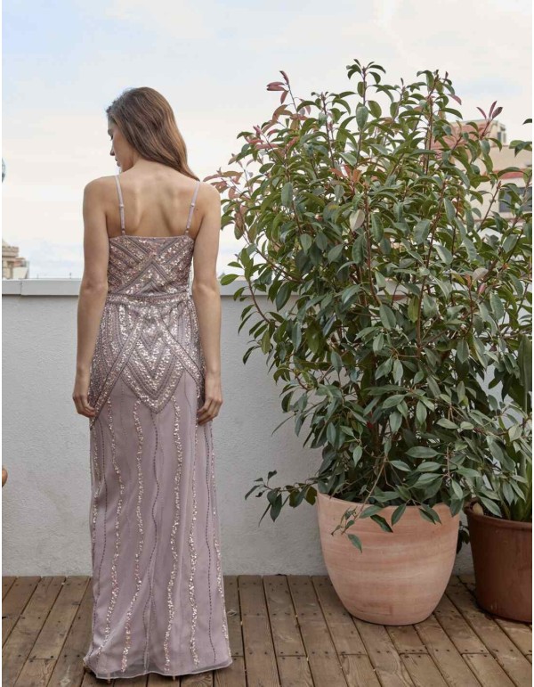 Long party dress with central opening and thin straps 2