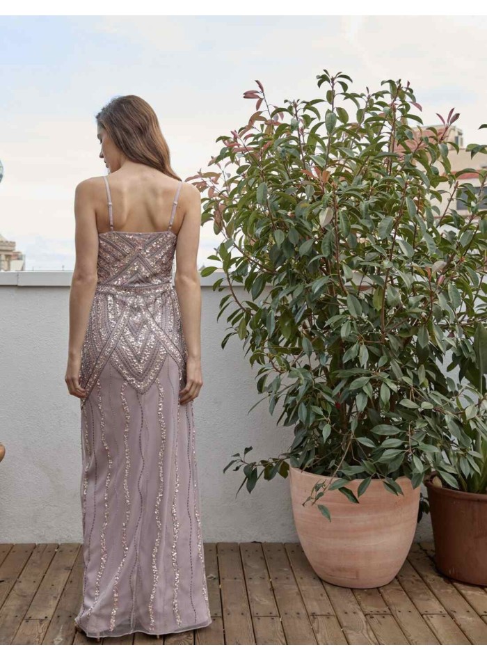 Long party dress with central opening and thin...