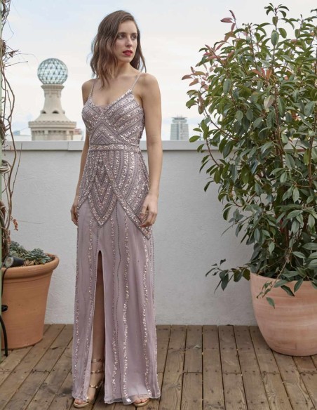 Long party dress with central opening and thin straps