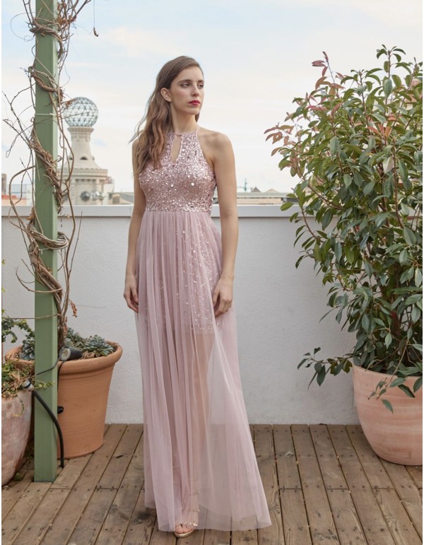 Vestido de fiesta largo con escote lágrima y sobrefalda