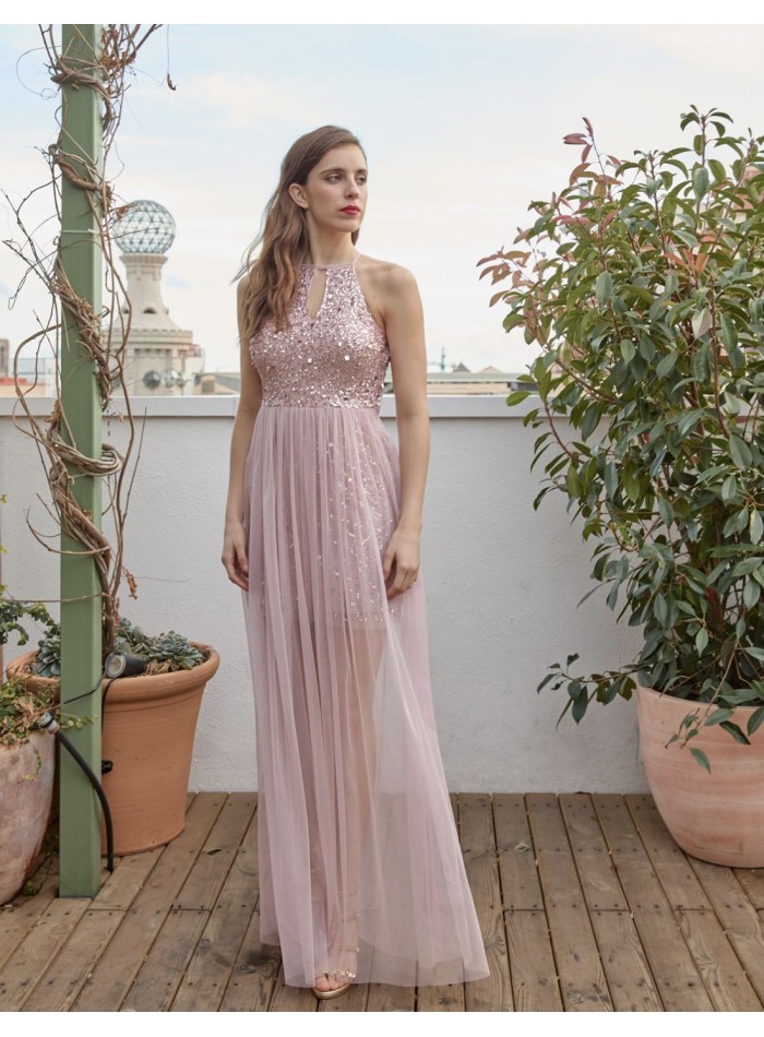 Long party dress with tear-drop neckline and overskirt