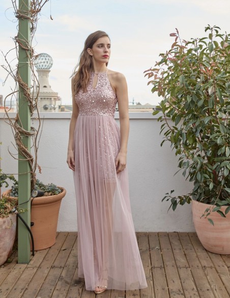 Vestido de fiesta largo con escote lágrima y sobrefalda