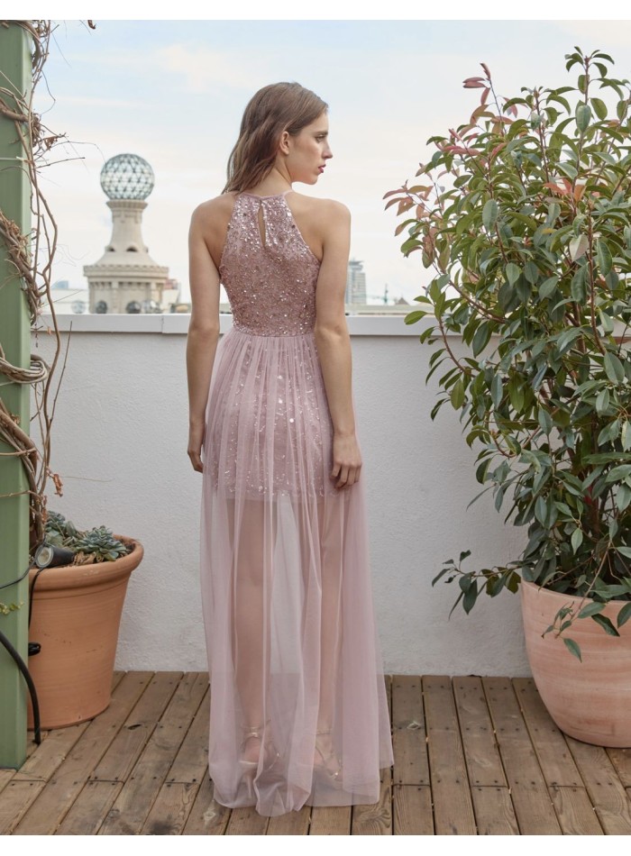 Long party dress with tear-drop neckline and...