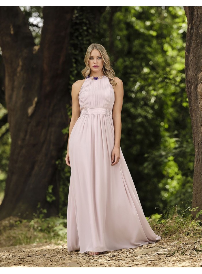 Vestido largo de fiesta plisado con frunces y falda con vuelo