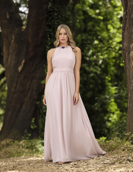 Long pleated party dress with ruffles and flounced skirt