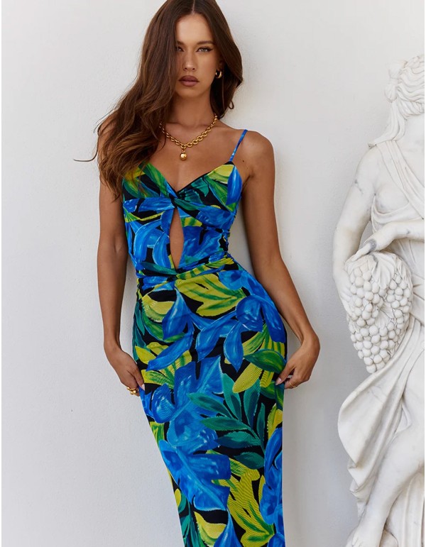 Vestido de fiesta largo con estampado floral, tirante fino y espalda descubierta 2