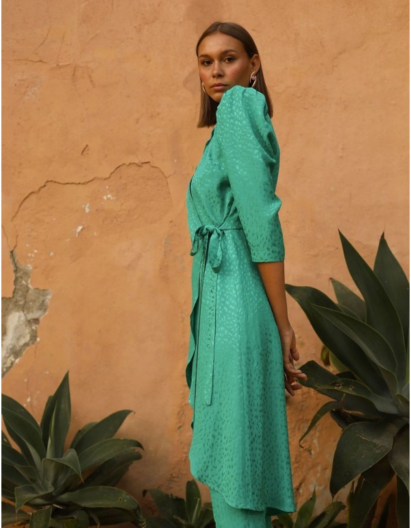 Ensemble blouse croisée et pantalon droit en jacquard vert 2