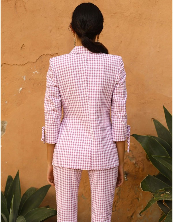 Traje de fiesta con estampado vichy de chaqueta anudada y pantalón pitillo de Meryfor 2