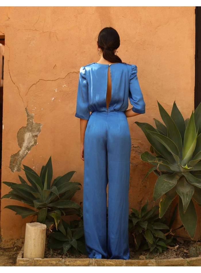 Long satin party jumpsuit with blue french sleeves