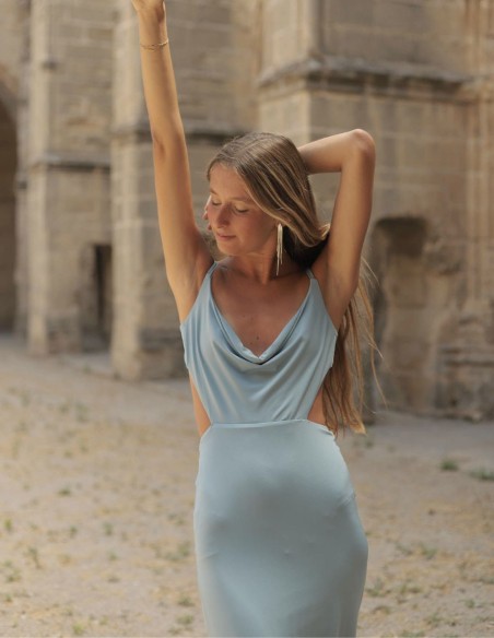 Long cut out party dress with crossed open back