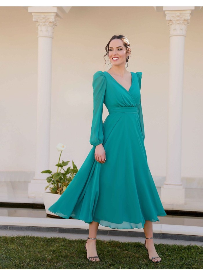Chiffon midi party dress with long-sleeved cross neckline