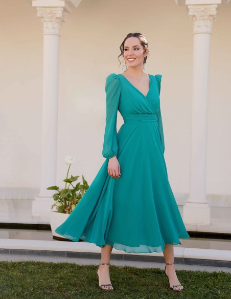 Chiffon midi party dress with long-sleeved cross neckline