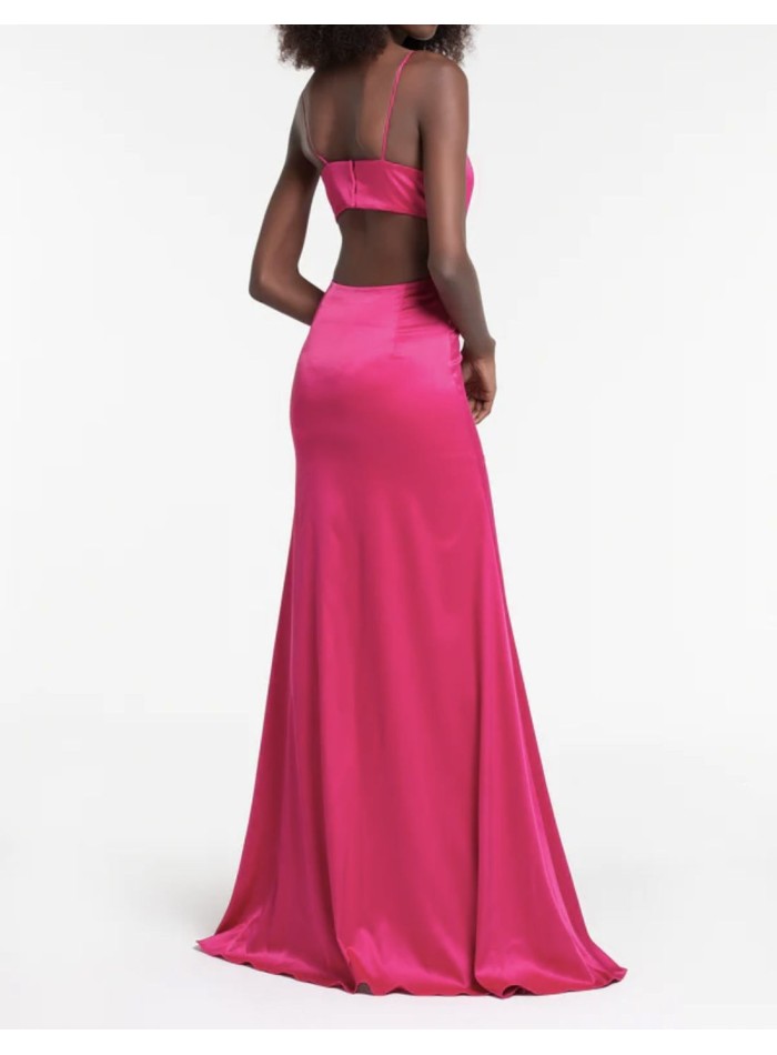Long satin party dress with straps and cut-out...
