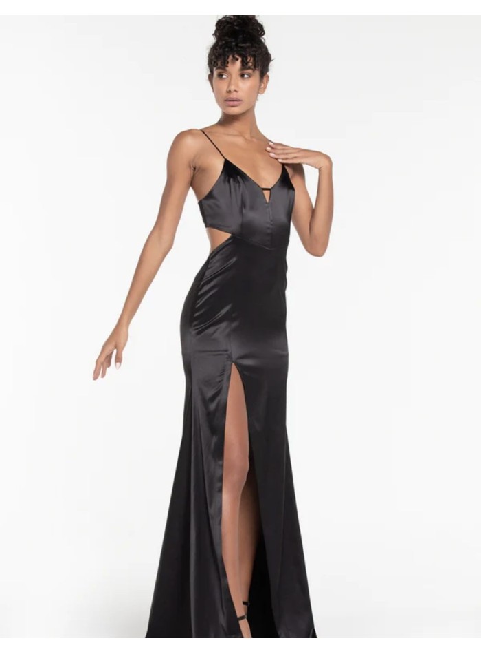 Vestido de fiesta largo satinado con tirantes y cuerpo cut-out
