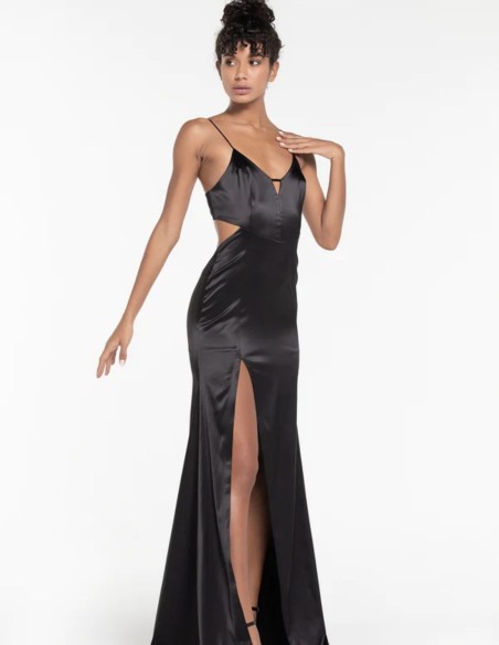 Robe longue de fête en satin avec bretelles et corsage découpé