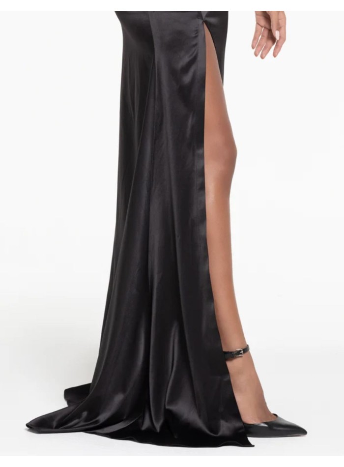 Long satin party dress with straps and cut-out...