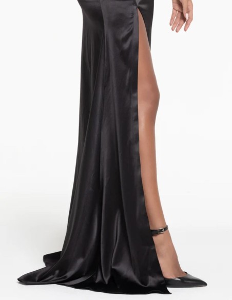 Long satin party dress with straps and cut-out bodice