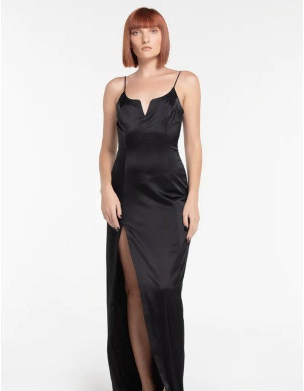Long satin party dress with teardrop neckline and side slit