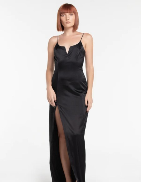 Long satin party dress with teardrop neckline and side slit