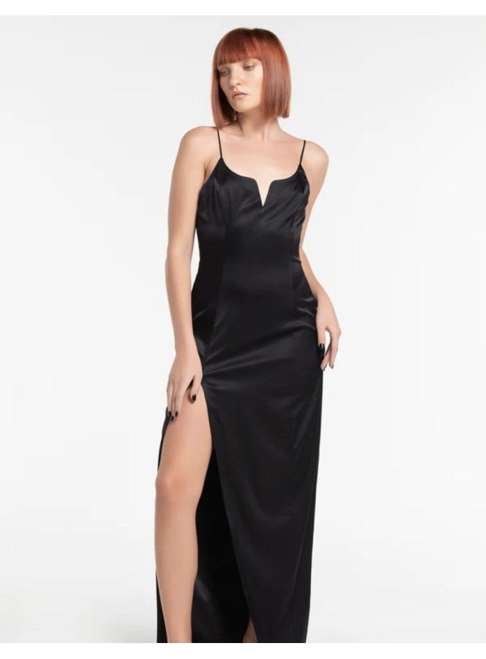 Long satin party dress with teardrop neckline...