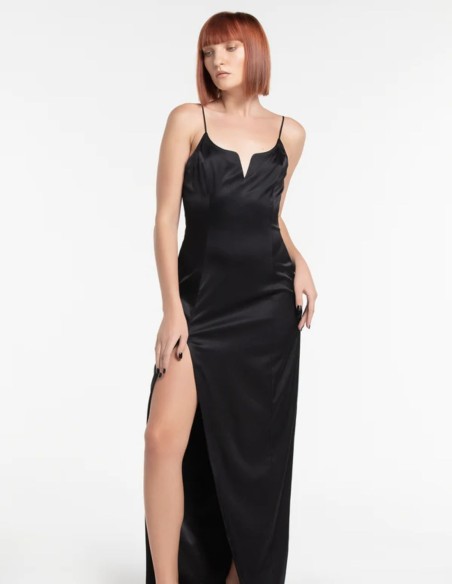 Long satin party dress with teardrop neckline and side slit