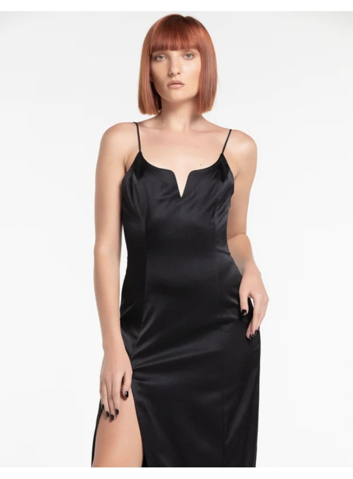 Long satin party dress with teardrop neckline...