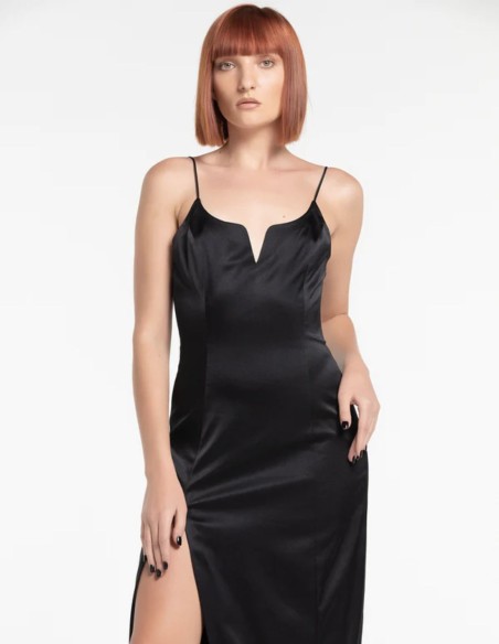 Long satin party dress with teardrop neckline and side slit