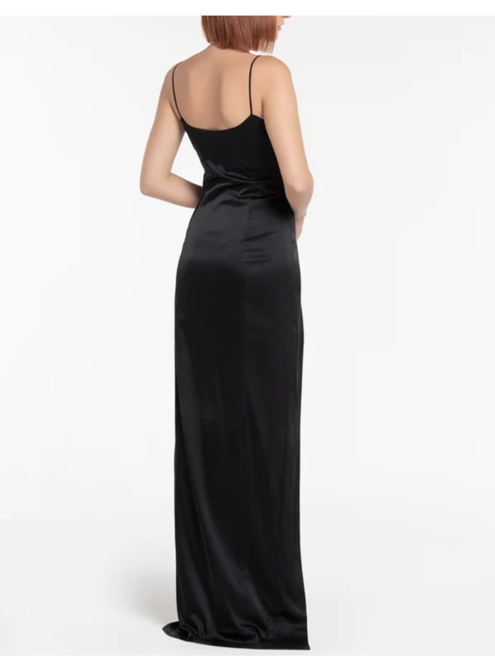 Long satin party dress with teardrop neckline...