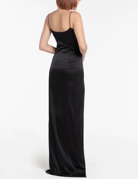Long satin party dress with teardrop neckline and side slit