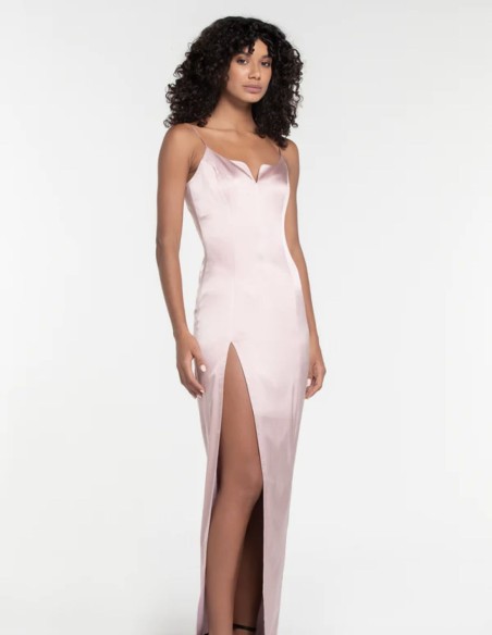 Long satin party dress with teardrop neckline and side slit