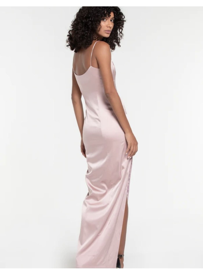 Long satin party dress with teardrop neckline...