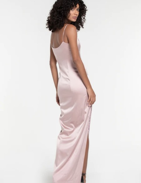 Long satin party dress with teardrop neckline and side slit