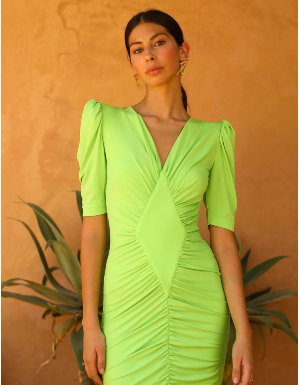 Vestido de fiesta midi con fruncido y manga abullonada 2