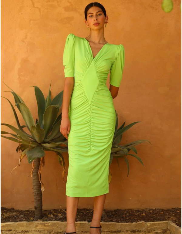 Midi party dress with ruched bodice and puffed sleeves