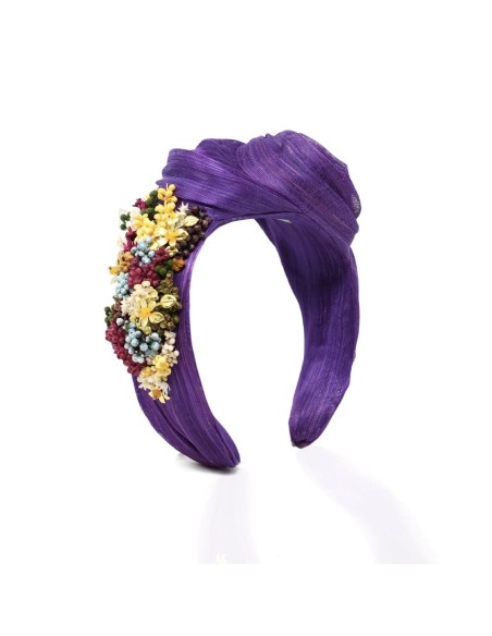 Bandeau noué violet avec fleurs préservées