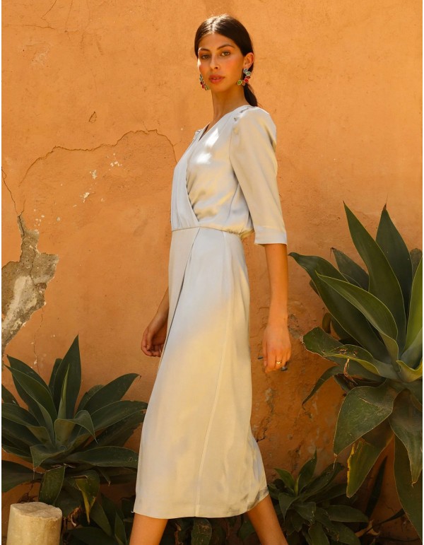 Satin midi party dress with crossover neckline 2