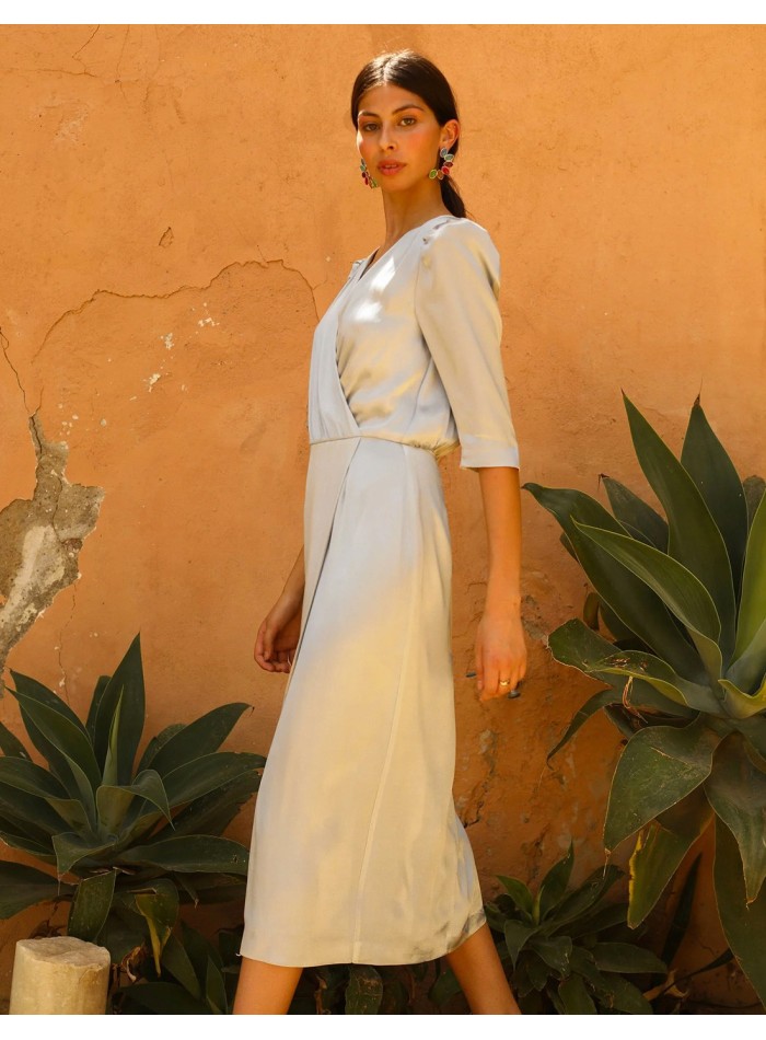 Satin midi party dress with crossover neckline for guests