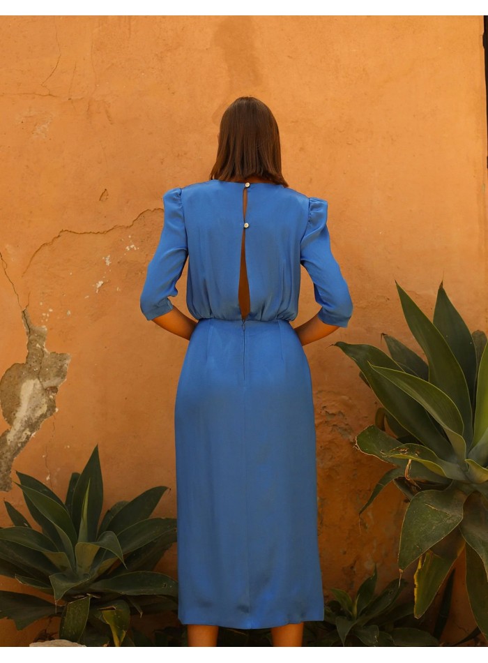 Midi party dress with crossover neckline and half sleeves blue colour