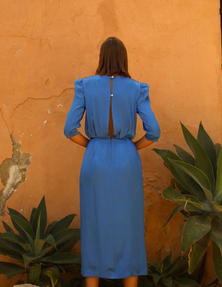 Midi party dress with crossover neckline and half sleeves blue colour